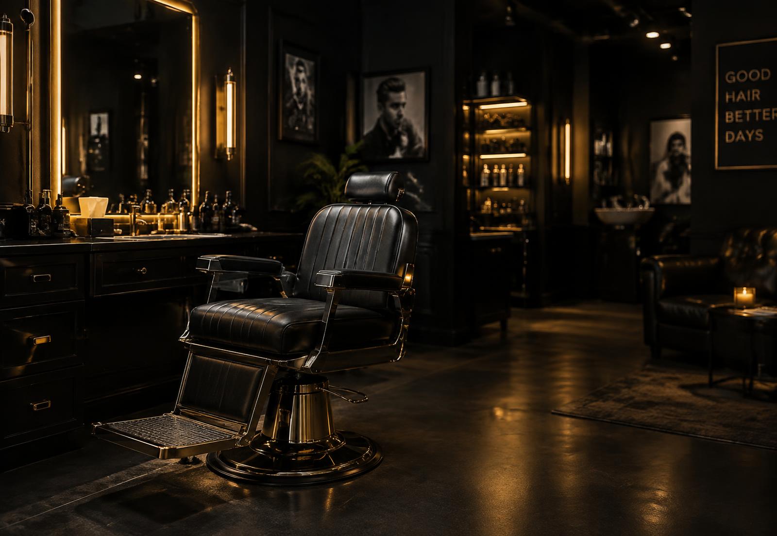 Interior da Recreio Barber Shop com cadeira de barbeiro e iluminação dourada